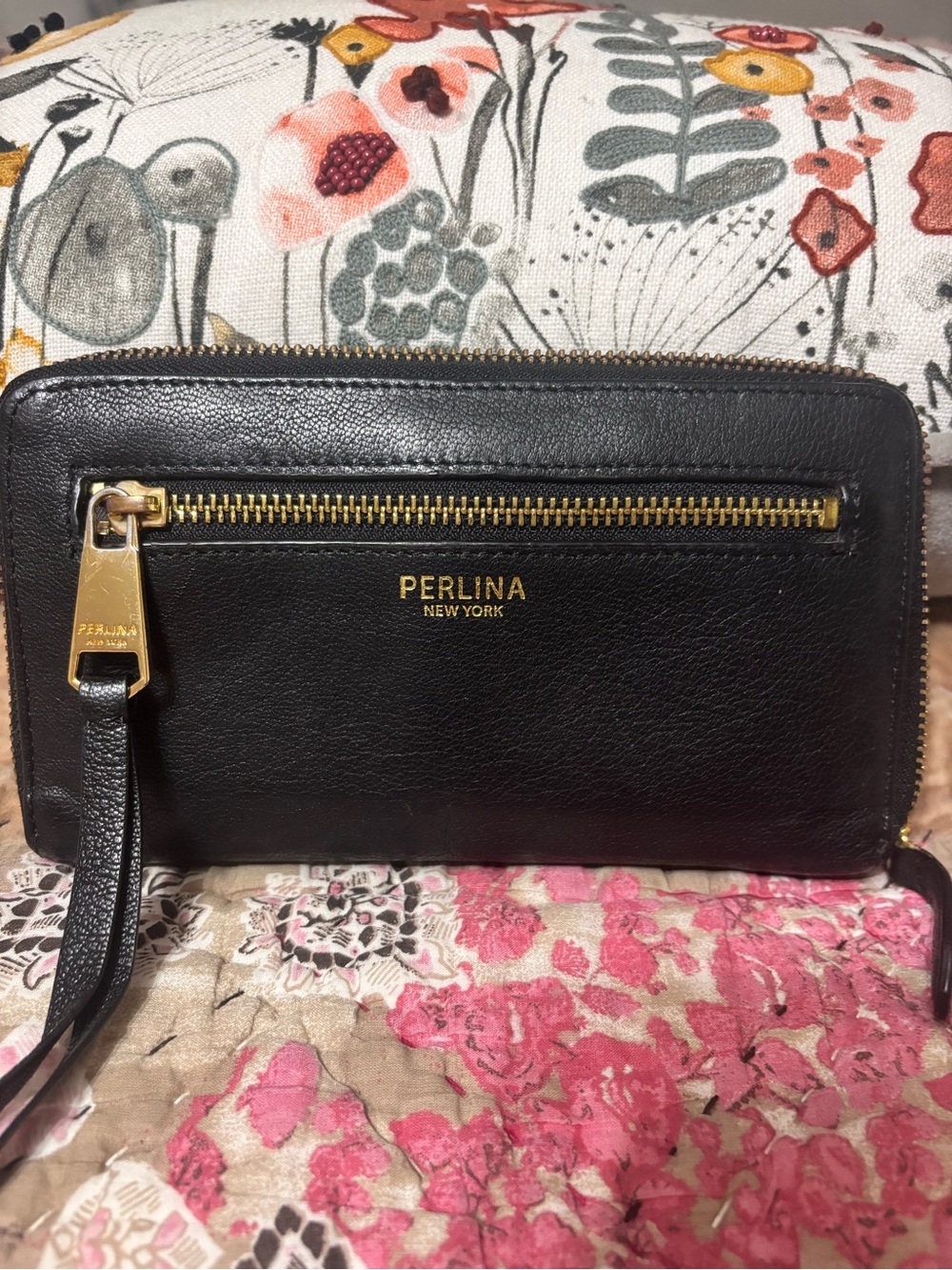 Perlina Black Leather Zip Wallet with Gold Hardware